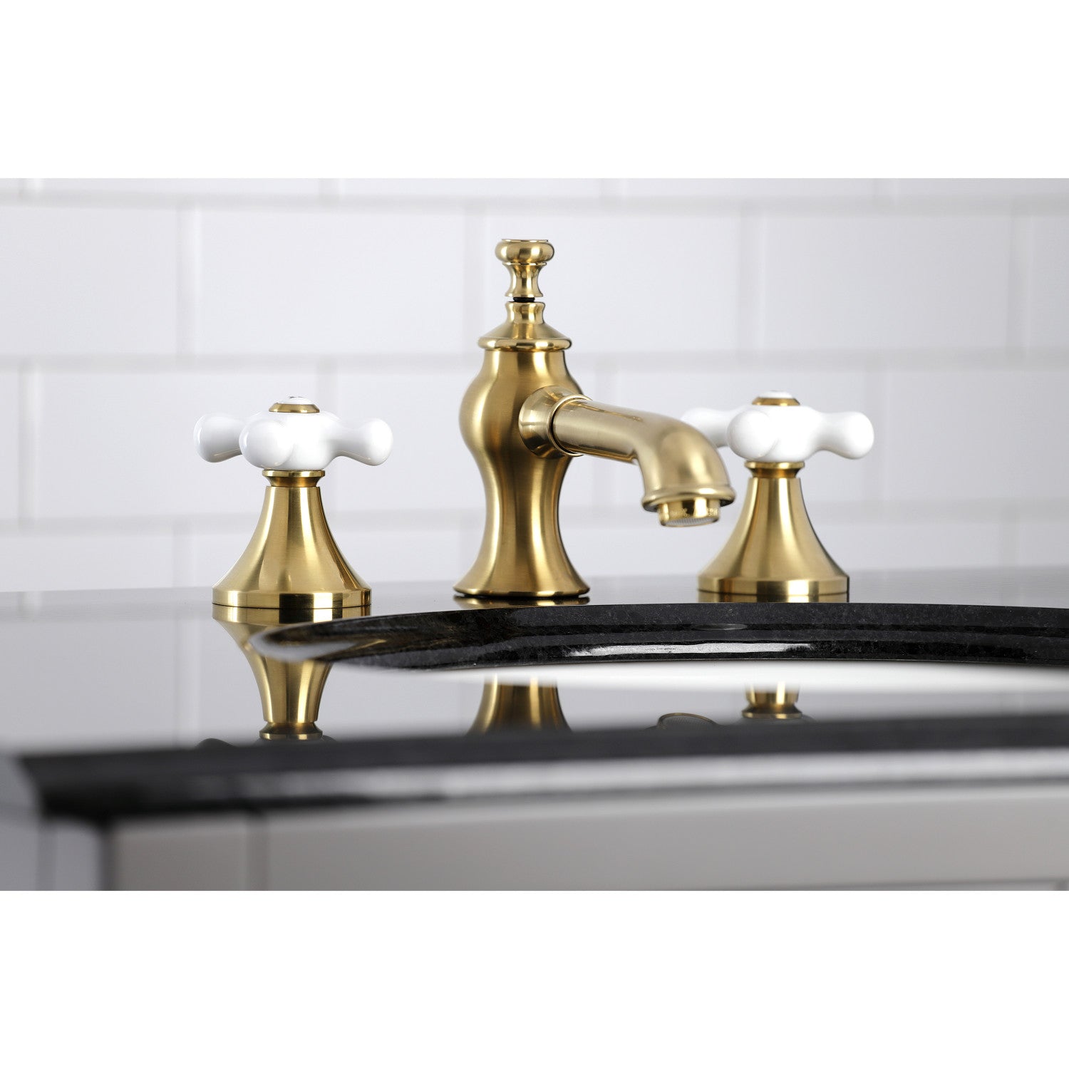 Kingston Tulare KC7067PX - Vintage Two-Handle 3-Hole Deck Mount Widespread Bathroom Faucet with Brass Pop-Up, Brushed Brass — thumbnail 3